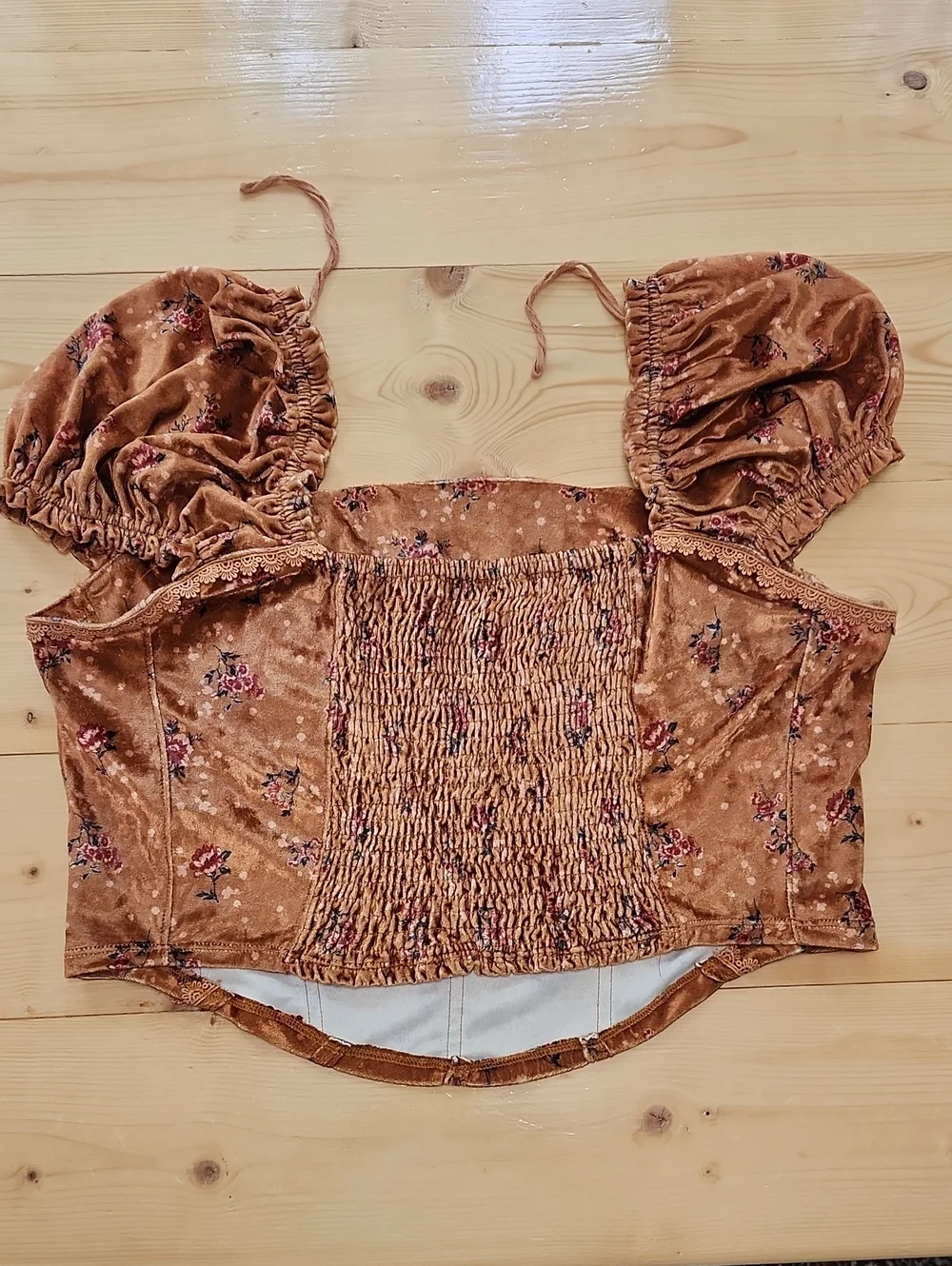Free People Velvet Floral Milkmaid Corset Crop Top Honey Bronze L EUC
